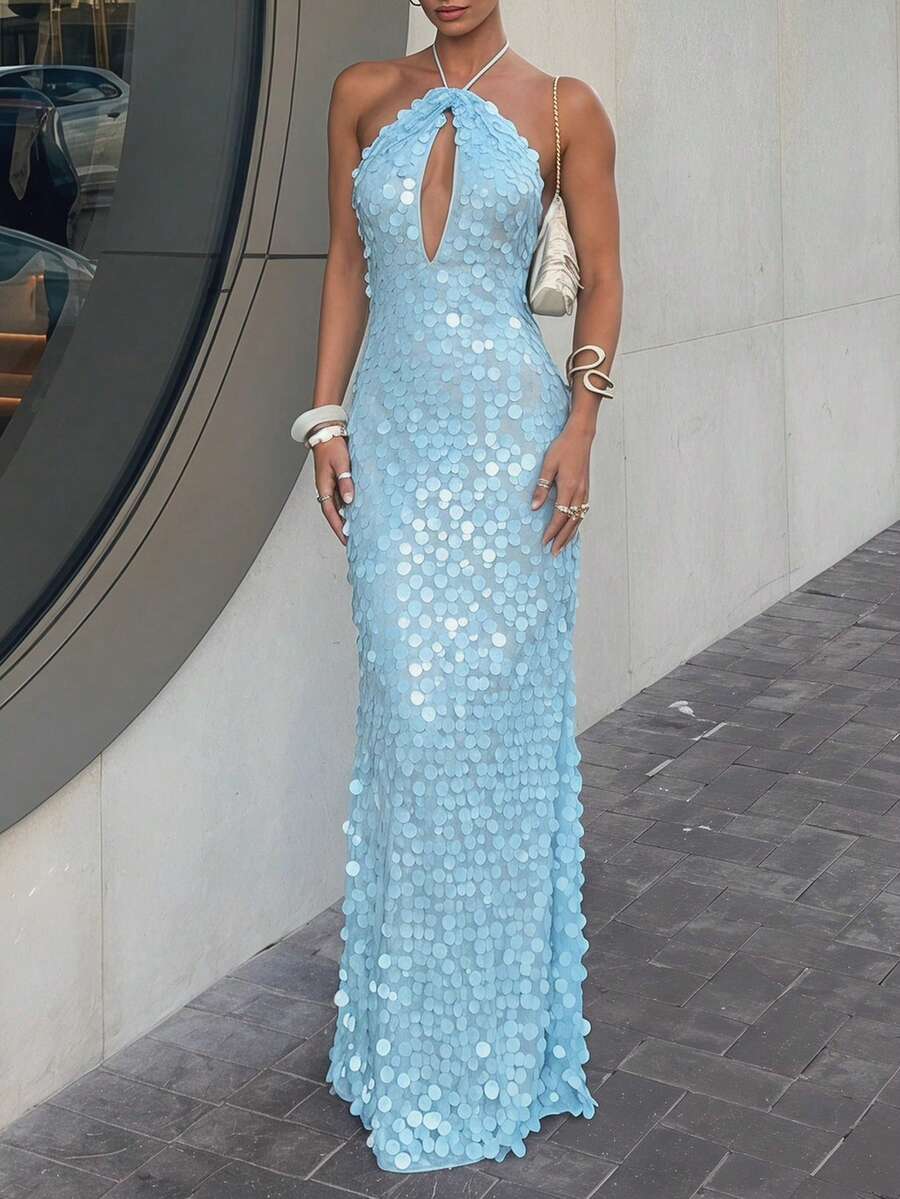 4 media show light blue sequin halter maxi dress with tie neck, deep front keyhole, open back, oversized round paillettes, slim mermaid floor length shape. image 3