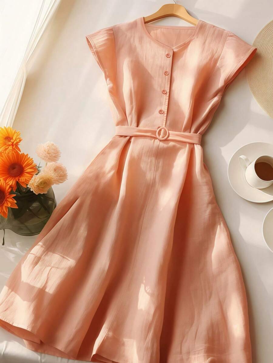 This minimalist round neck dress brings effortless chic to your wardrobe! The flattering tie waist cinches in all the right places, while the solid color design makes styling a breeze. Dress it up with heels or down with sneakers – this versatile piece is ready for whatever fun the day brings. Your new go-to for those "nothing to wear" moments!