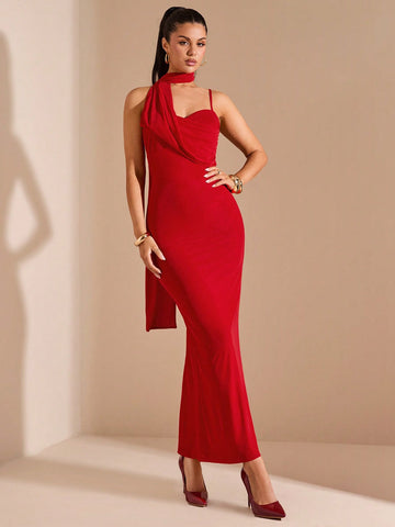 Elevate your fashion game with our chic solid color dress! Featuring a trendy ribbon collar, backless design, and spaghetti straps, this fitted dress exudes effortless elegance. Perfect for any occasion, it's a must-have addition to your wardrobe! (Dress up with ease and elegance in our backless, spaghetti strap dress with a cute ribbon collar.)