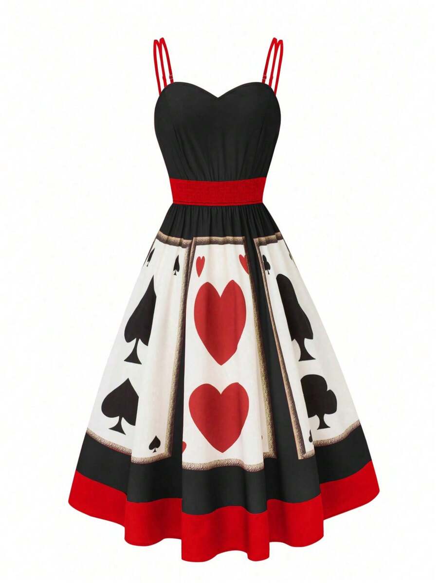 Front view of black red white card suit print fit and flare dress with sweetheart bodice