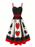 Front view of black red white card suit print fit and flare dress with sweetheart bodice