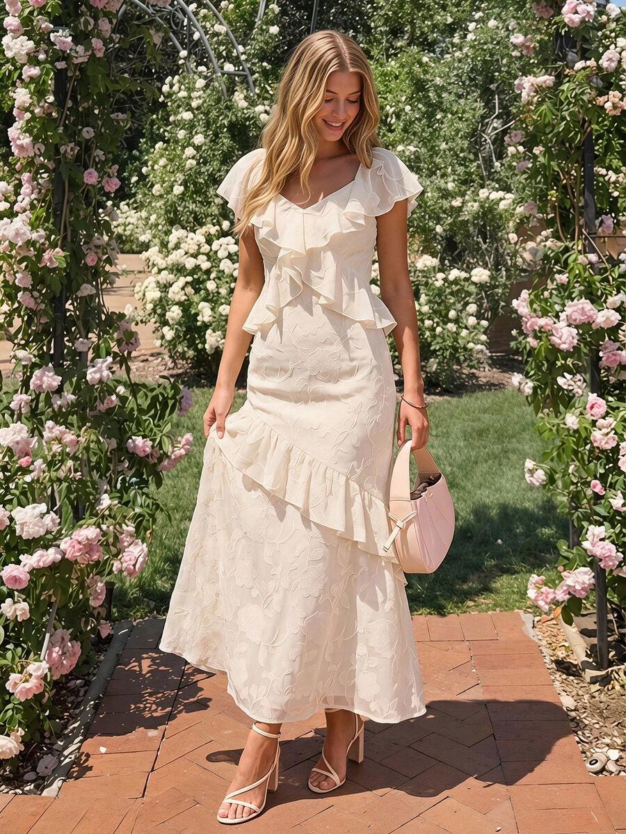 Color view 1 of floral jacquard ruffle sleeve maxi dress with sweetheart neckline, ruffle details, back tie, and fitted long silhouette
