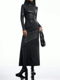 Turn heads with this Chic Solid Color Turtleneck Long Sleeve PU Leather Fitted Dress for Women. Sleek and snug, it hugs your curves while the turtleneck adds a dash of mystery. Perfect for nights out or stylish days in, this dress blends edgy leather vibes with a playful twist. Step out confidently and let your style do the talking!