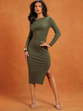Step into autumn with flair in this Chic Solid Color Twist Side Slit Bodycon Dress. Its flattering twist detail and daring side slit add just the right amount of sass to your look, while the sleek bodycon fit hugs your curves beautifully. Perfect for cozy fall nights or stylish daytime outings, this dress brings effortless elegance with a playful twist.