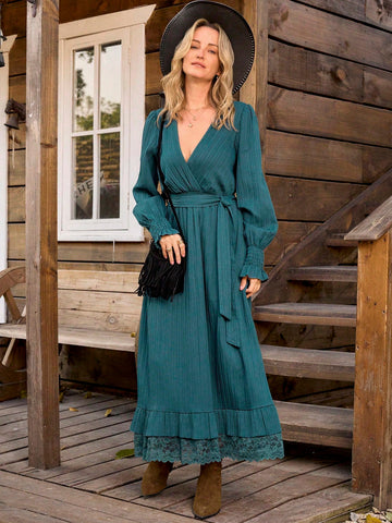 Introducing Effortless Casual Elegance, our V-Neck Dress that combines chic style with comfort. Featuring a drawstring waist and long sleeves, this dress is perfect for any occasion. Whether you're running errands or enjoying a night out, this dress is the perfect mix of casual and elegant.