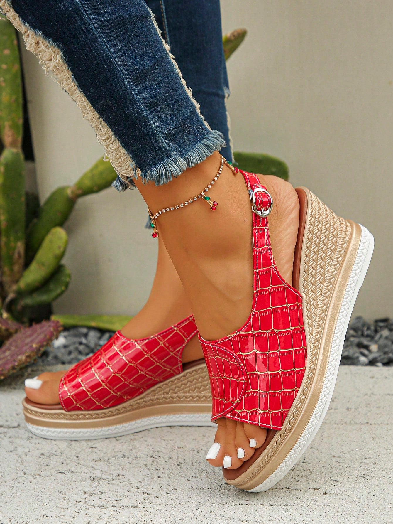 Step up your style game with these Chic Solid Color Wedge Sandals! Featuring a sturdy thick bottom and a playful buckle detail, they add a fun twist to any outfit while keeping you comfy all day. Perfect for sunny strolls or casual outings, these wedges bring a splash of flair to your footwear collection.