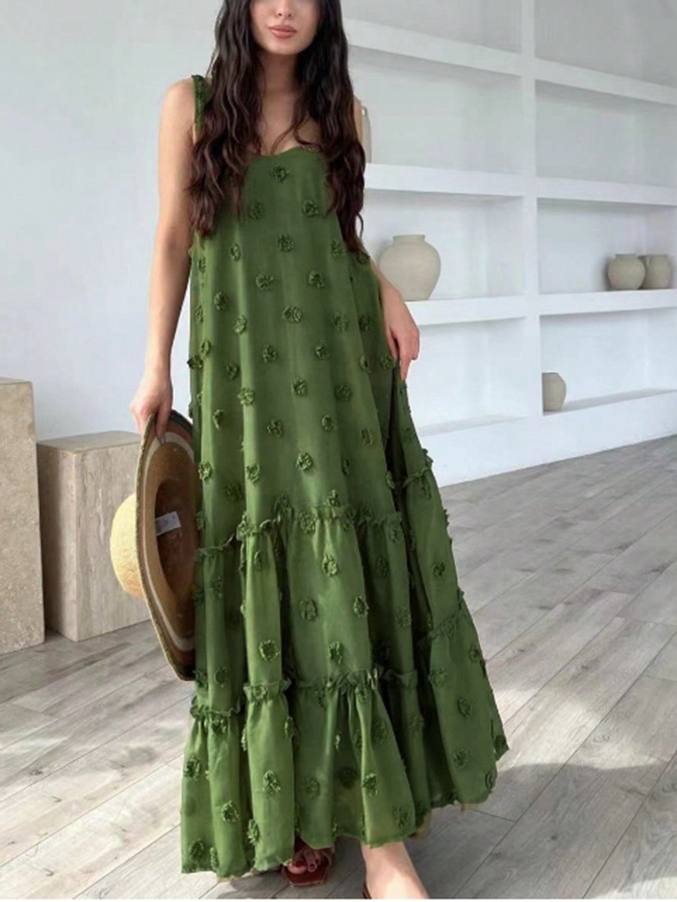 Sway into summer with this playful spaghetti strap maxi dress! Adorned with whimsical pompom accents and bamboo details, it's your go-to for effortless style. Perfect for beach days, brunches, or evening strolls, this chic number keeps you cool while turning heads. Just slip it on and let the compliments roll in!