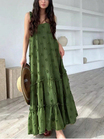 Sway into summer with this playful spaghetti strap maxi dress! Adorned with whimsical pompom accents and bamboo details, it's your go-to for effortless style. Perfect for beach days, brunches, or evening strolls, this chic number keeps you cool while turning heads. Just slip it on and let the compliments roll in!