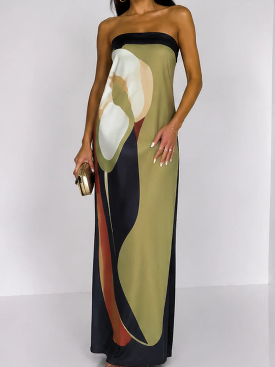 Front view of olive abstract-print strapless maxi dress with dark banded neckline for beach evenings