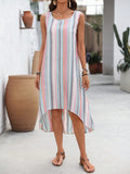 Unleash your effortless style with this chic, striped sleeveless dress from Emery Rose. Featuring an asymmetric hem, this dress is perfect for making a statement while staying comfortable. Perfect for any occasion, this dress lets you embrace your unique and playful style.