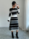 Upgrade your wardrobe with our Chic Striped Contrast Color Flared Sleeve Midi Dress for Women. The stylish design features flared sleeves and a contrasting color palette, adding a touch of elegance to any occasion. With its chic and trendy look, this dress is perfect for any fashion-forward woman.