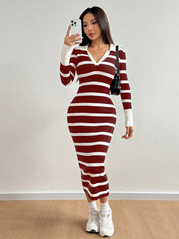 Introducing our Chic Striped Midi Dress, featuring a classic lapel collar and long sleeves. This dress exudes effortless style with its bold stripes and versatile design. Made with high-quality material, it offers comfort and durability. Perfect for any occasion, this dress will elevate your wardrobe.