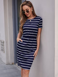 Effortlessly chic and always ready for any occasion, this striped pocket fitted dress is the ultimate style statement. With its perfect fit and convenient pockets, get ready to turn heads and make a statement without even trying!