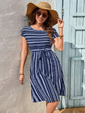 Effortlessly elegant? Yes, please! This chic striped print belted dress offers just that with its flattering fit and versatile design. Perfect for any occasion, this dress will have you looking stylish and feeling comfortable. Dress it up or down, either way, you'll exude effortless elegance.