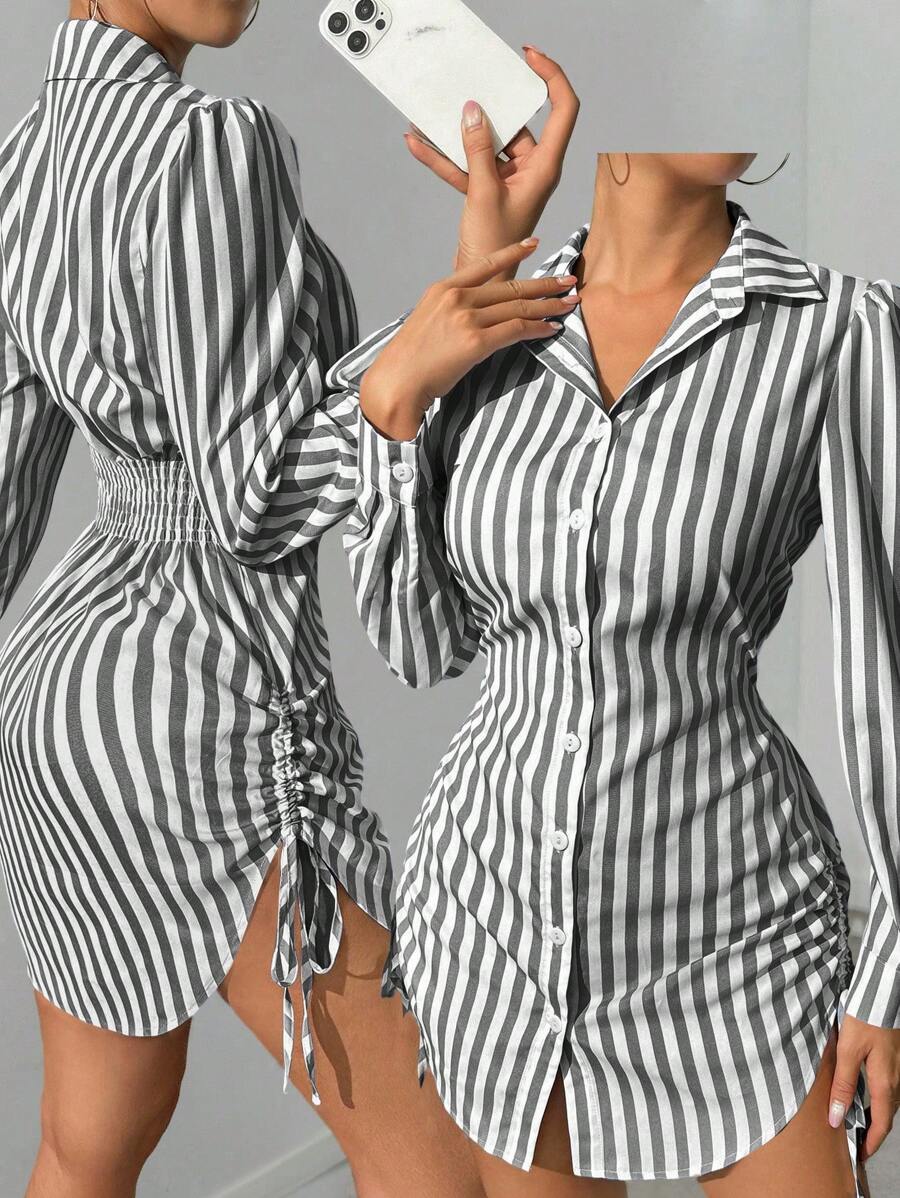 Elevate your fall wardrobe with this effortlessly chic striped shirt dress! The flattering side-cinched waist creates a gorgeous silhouette that works for everything from casual coffee dates to weekend brunch. Crisp stripes add timeless appeal while the relaxed fit keeps you comfortable all day long. Layer it over a tee, belt it up, or wear it solo—this versatile piece is your new go-to for looking put-together without trying too hard. Fall fashion just got a whole lot easier!