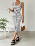 Get your effortless summer style on with this chic striped sleeveless dress! Featuring a button-front design, this dress is perfect for those hot summer days. Stay cool and stylish in this must-have dress.
