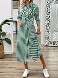 Get ready to turn heads in this chic summer maxi dress with a playful French twist front and buckle detail. With its trendy striped design, you'll be sure to stand out at any summer event. Perfect for any fashion-forward individual looking for a unique and stylish addition to their wardrobe!