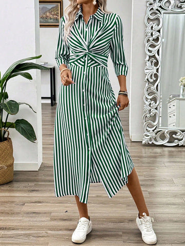 Get ready to turn heads in this chic summer maxi dress with a playful French twist front and buckle detail. With its trendy striped design, you'll be sure to stand out at any summer event. Perfect for any fashion-forward individual looking for a unique and stylish addition to their wardrobe!