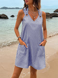 Get ready to hit the beach in style with our Chic Striped V-Neck Sleeveless Dress! Featuring a trendy V-neckline and flattering silhouette, this dress comes complete with a stylish belt and convenient pockets. Perfect for all your vacation and beach adventures, this dress will keep you looking chic and feeling comfortable.