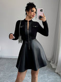 Elevate your wardrobe with this Chic & Stylish Mid-Length A-Line PU Patchwork Dress. Showcasing a flattering A-line silhouette and stylish patchwork design, this dress is perfect for both spring and autumn. Crafted with high-quality materials, it offers both comfort and style, making it a must-have addition to any fashion-forward closet.