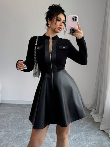 Elevate your wardrobe with this Chic & Stylish Mid-Length A-Line PU Patchwork Dress. Showcasing a flattering A-line silhouette and stylish patchwork design, this dress is perfect for both spring and autumn. Crafted with high-quality materials, it offers both comfort and style, making it a must-have addition to any fashion-forward closet.