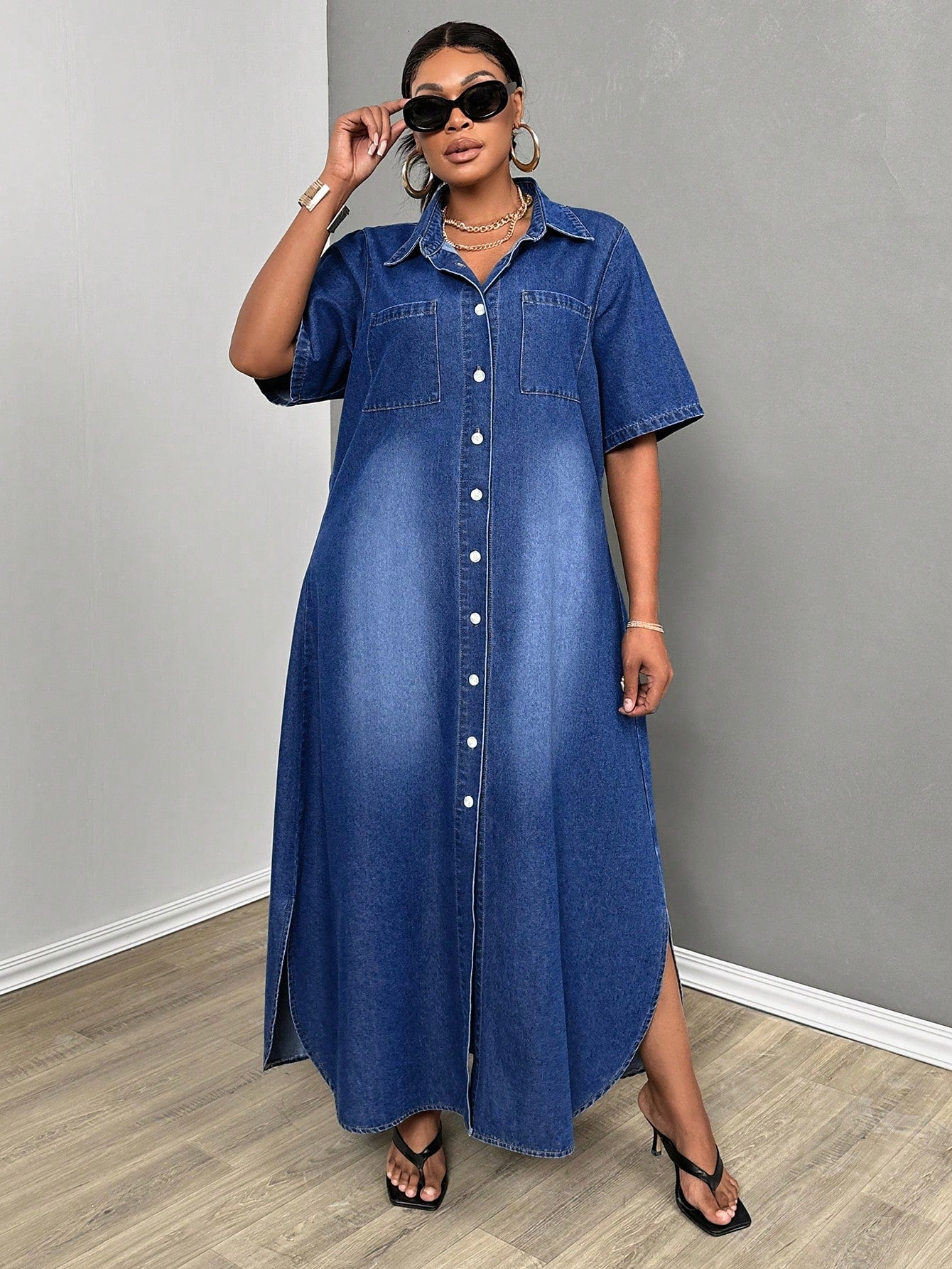Look chic and stylish in our Plus Size Denim Shirt Dress, perfect for back to school. This versatile dress combines comfort and style, making it a must-have for any wardrobe. Its classic denim material and design will have you feeling confident and fashionable.