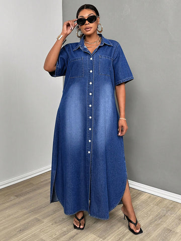 Look chic and stylish in our Plus Size Denim Shirt Dress, perfect for back to school. This versatile dress combines comfort and style, making it a must-have for any wardrobe. Its classic denim material and design will have you feeling confident and fashionable.