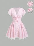 Step into summer with this playful mini dress featuring a charming bowknot and a flattering cinched waist that highlights your silhouette. Delicate lace trim adds a touch of French-inspired elegance, while short sleeves keep you cool and stylish. Perfect for sunny days and casual outings, this dress combines comfort with a flirty, chic vibe.