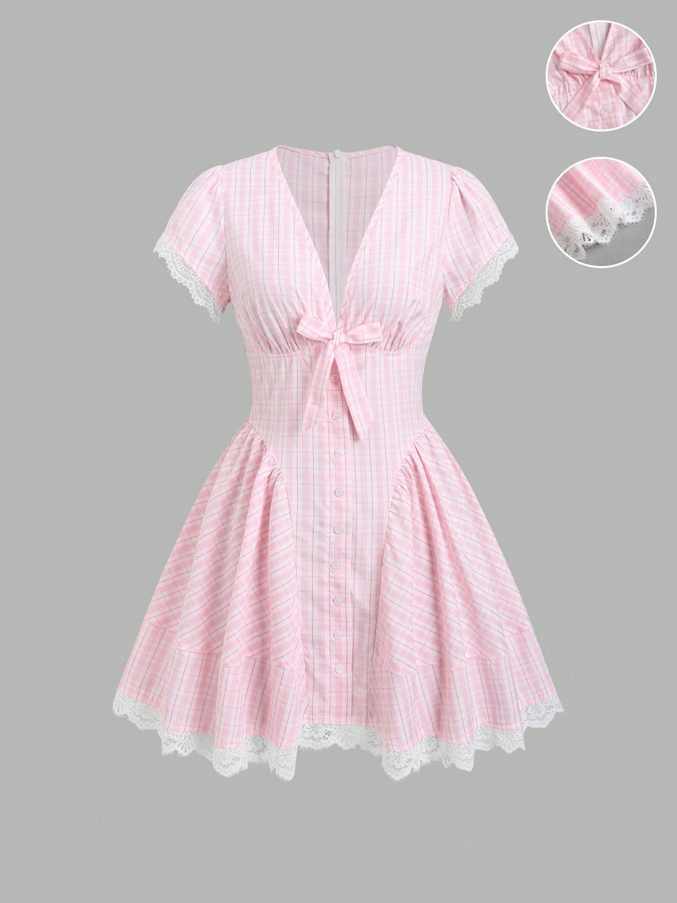 french style mini dress Chic Summer Bowknot Mini Dress with Cinched Waist and Lace Trim