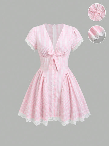 Step into summer with this playful mini dress featuring a charming bowknot and a flattering cinched waist that highlights your silhouette. Delicate lace trim adds a touch of French-inspired elegance, while short sleeves keep you cool and stylish. Perfect for sunny days and casual outings, this dress combines comfort with a flirty, chic vibe.