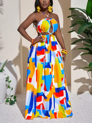 Channel playful summer vibes with our Chic Color Block Cutout Dress. The crisscross back adds a flirty touch, perfect for showing off your sun-kissed skin. With its bold color block design, this dress is a must-have for your vacation style. Embrace your inner fashionista with this statement piece.