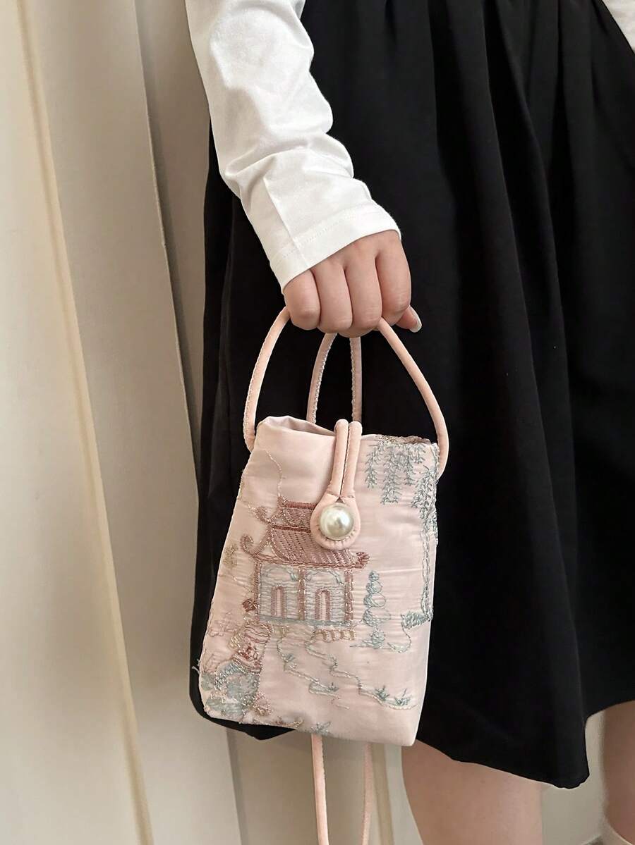Front view of Chic Summer Embroidered Pearl Phone Bag – Stylish Casual Crossbody for Women in Pink color