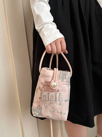 Front view of Chic Summer Embroidered Pearl Phone Bag – Stylish Casual Crossbody for Women in Pink color