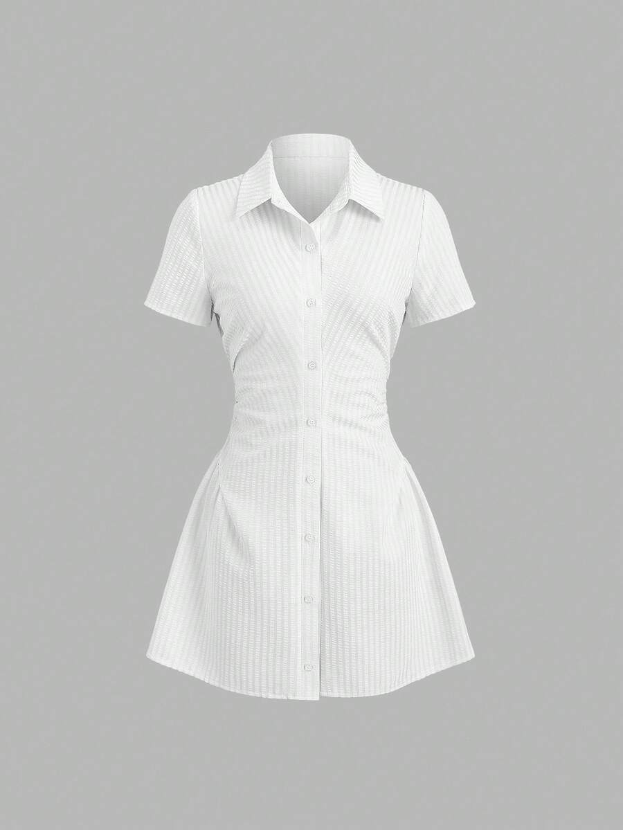 Front view of white short-sleeve collared button-front mini dress