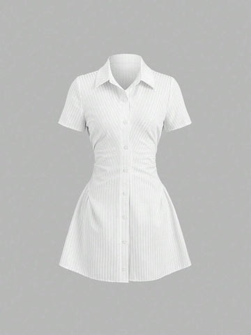 Front view of white short-sleeve collared button-front mini dress