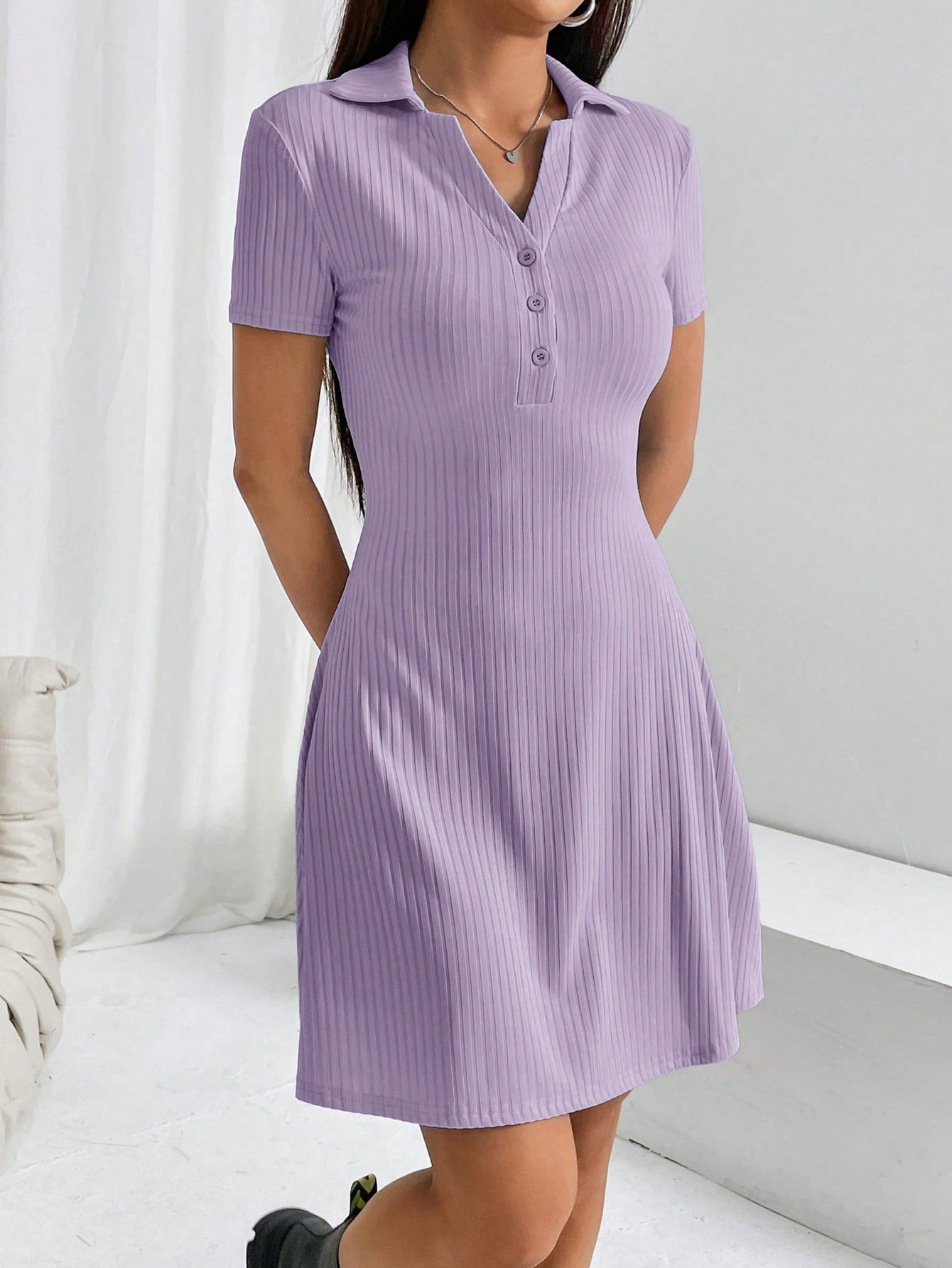 Chic Summer Ribbed Bodycon Dress with Polo Collar for Girls – Canary Houze
