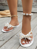 Step into summer fun with these Chic Summer Rivet Bow Flat Sandals! Featuring a stylish bow and trendy rivet details, these open-toe beach slippers bring playful charm to any outfit. Lightweight and flat, they keep your feet comfy while you stroll along the shore or dance at your favorite summer party. Perfect for adding a touch of whimsy and style to sunny days!