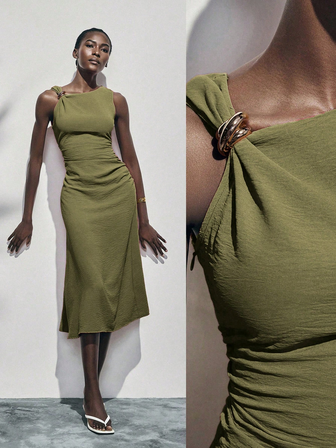 Step into summer with this playful sleeveless dress featuring a chic metal ring waist decoration that adds a touch of sparkle. The ruched design flatters your silhouette while keeping things fun and flirty. Perfect for sunny days and warm nights, this dress combines comfort and style effortlessly.