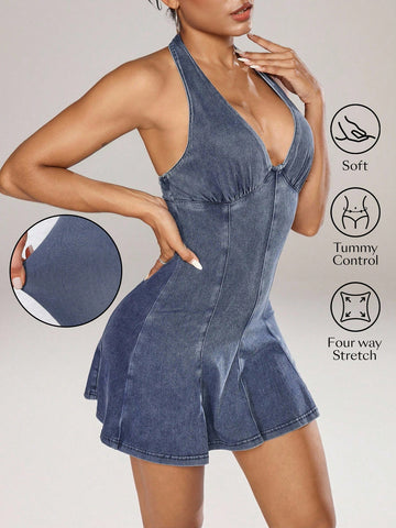 Step into summer fun with this playful backless halter mini denim dress. Its lightweight denim fabric keeps you cool while the halter neckline and open back add a flirty, breezy vibe perfect for sunny days and warm nights. The mini length showcases your legs with ease, making it an ideal pick for beach outings, casual cocktails, or spontaneous adventures. Embrace effortless style that’s as lively and spirited as your summer plans.