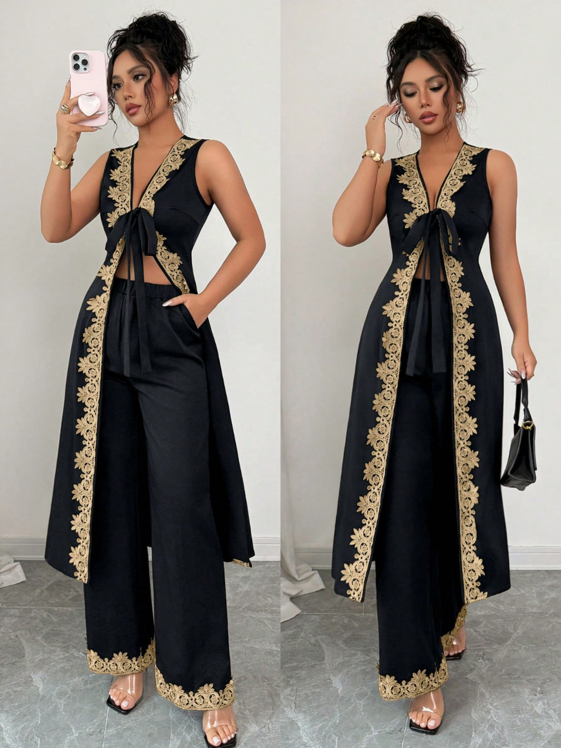 Elevate your warm-weather wardrobe with this effortlessly chic two-piece set! The breezy V-neck top features delicate floral lace trim that adds a touch of feminine elegance, while the flowing wide-leg pants provide all-day comfort and a flattering silhouette. Perfect for casual outings, weekend brunches, or relaxed evenings out, this set strikes the ideal balance between style and ease. Mix and match the pieces with your favorite accessories for endless outfit possibilities!