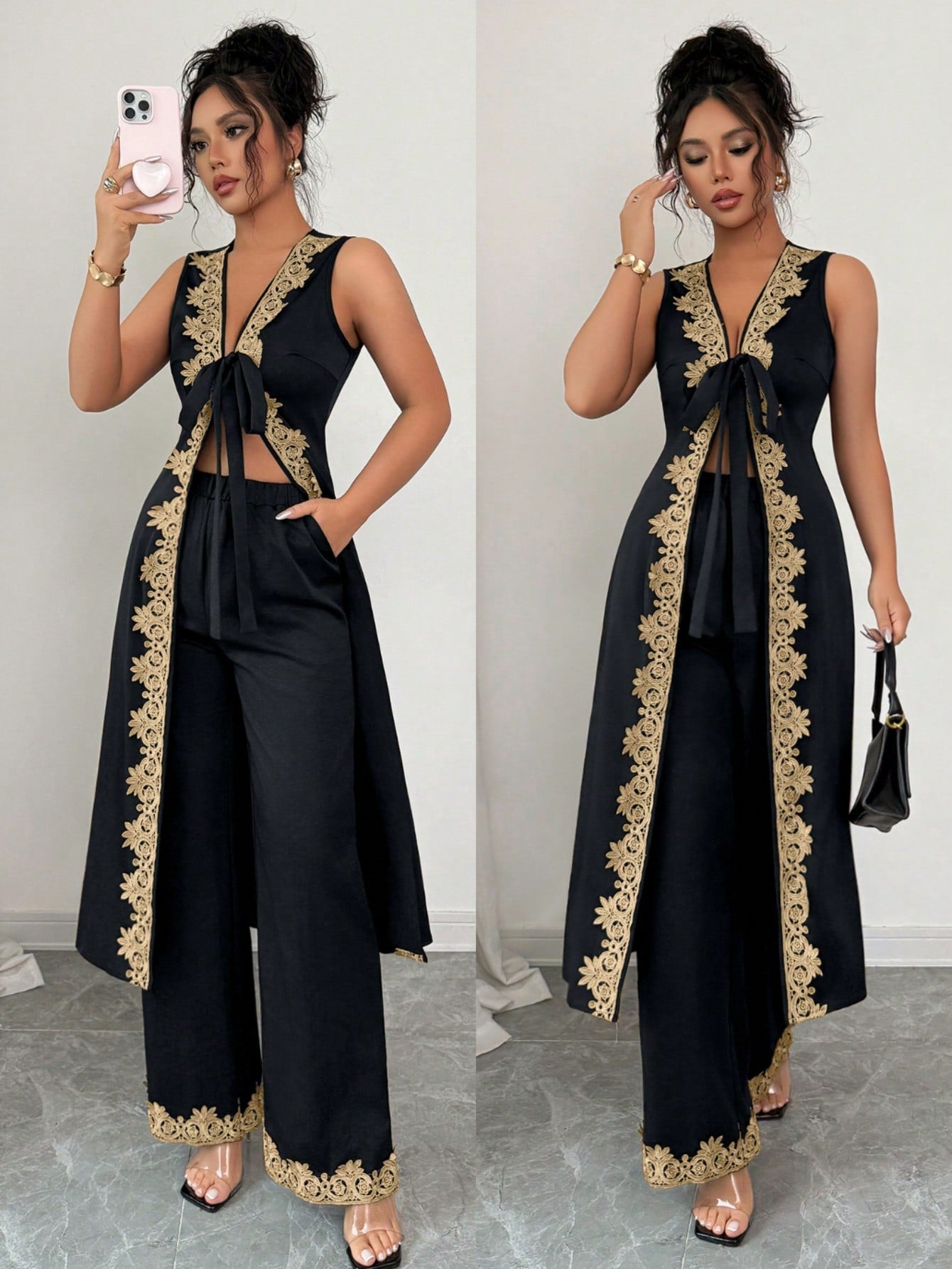 Elevate your warm-weather wardrobe with this effortlessly chic two-piece set! The breezy V-neck top features delicate floral lace trim that adds a touch of feminine elegance, while the flowing wide-leg pants provide all-day comfort and a flattering silhouette. Perfect for casual outings, weekend brunches, or relaxed evenings out, this set strikes the ideal balance between style and ease. Mix and match the pieces with your favorite accessories for endless outfit possibilities!