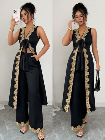 Elevate your warm-weather wardrobe with this effortlessly chic two-piece set! The breezy V-neck top features delicate floral lace trim that adds a touch of feminine elegance, while the flowing wide-leg pants provide all-day comfort and a flattering silhouette. Perfect for casual outings, weekend brunches, or relaxed evenings out, this set strikes the ideal balance between style and ease. Mix and match the pieces with your favorite accessories for endless outfit possibilities!