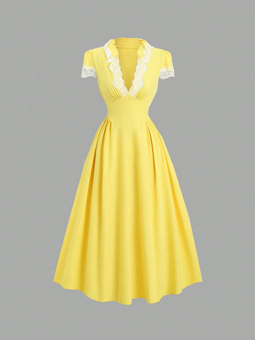 Step into summer with this playful V-neck dress featuring delicate lace patchwork and charming puff sleeves. The cinched waist flatters your silhouette, while the light, breezy fabric keeps you cool and comfortable all day long. Perfect for sunny days and spontaneous adventures, this dress adds a touch of whimsy to your warm-weather wardrobe.