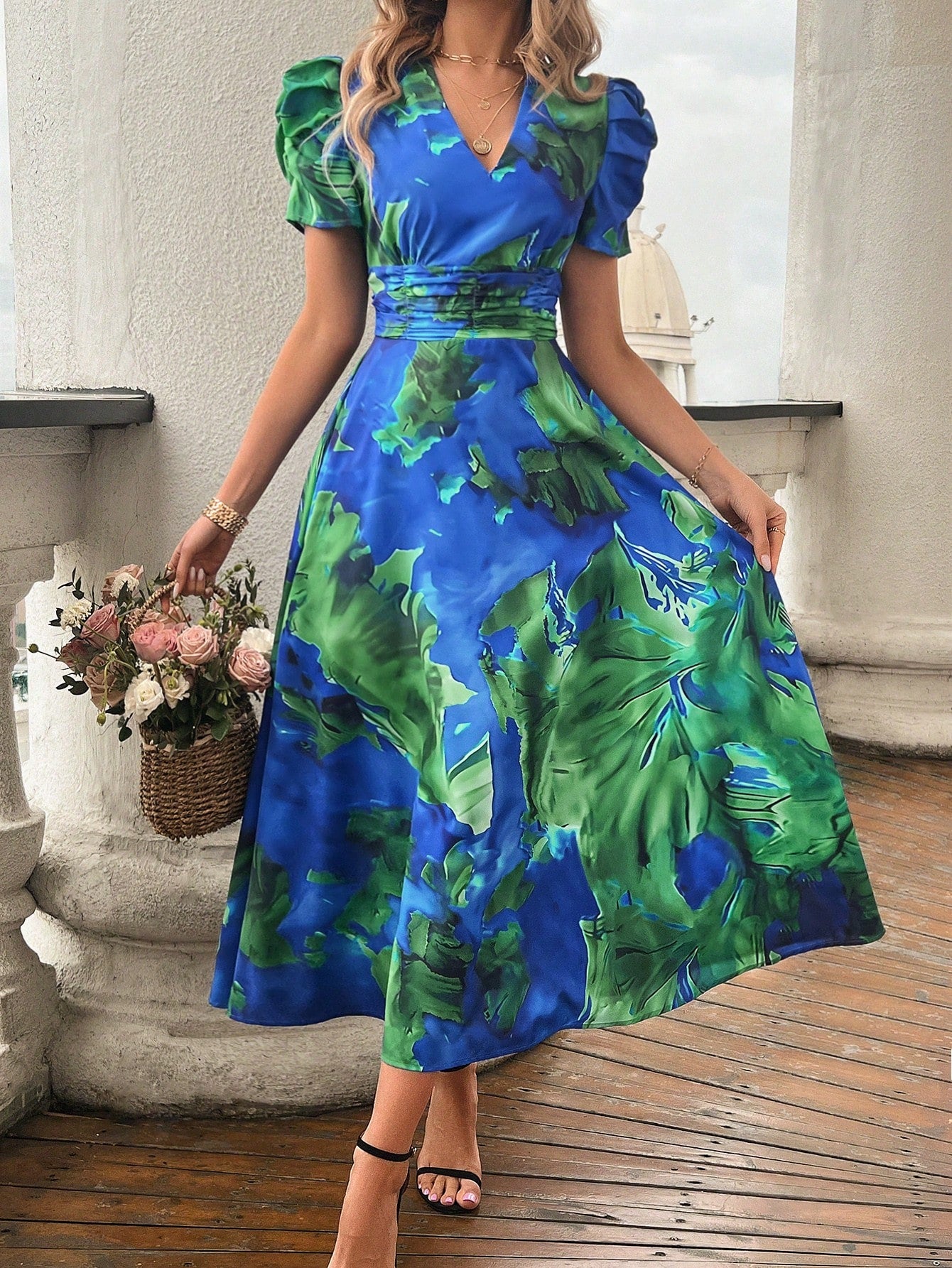 Be chic and playful in our Summer V-Neck Maxi Dress. With a vibrant tropical plant print and puffy sleeves, you'll be the center of attention at any summer event. Stay cool and stylish all season long!