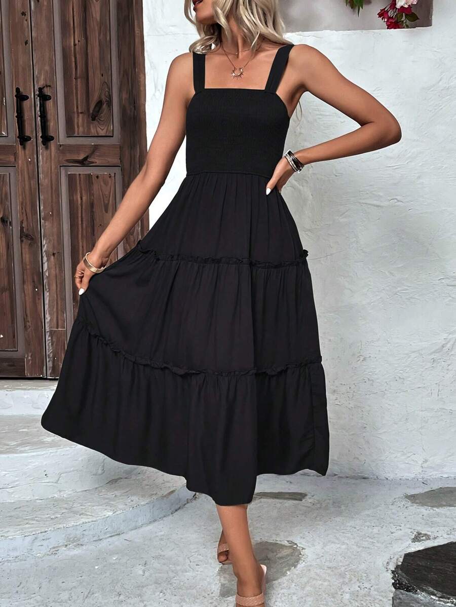 Black square-neck midi sundress with wide straps smocked bodice and tiered ruffle skirt