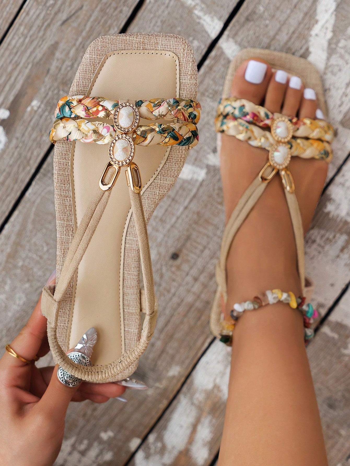 Step into summer elegance with our Chic Summer Vibes sandals! Made by hand with delicate beads and rhinestones, these flat sandals add a touch of glamour to any outfit. The beige woven design adds a relaxed feel, perfect for soaking up the sun and embodying warm weather vibes.