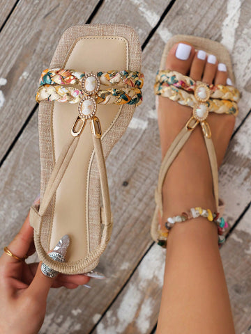 Step into summer elegance with our Chic Summer Vibes sandals! Made by hand with delicate beads and rhinestones, these flat sandals add a touch of glamour to any outfit. The beige woven design adds a relaxed feel, perfect for soaking up the sun and embodying warm weather vibes.