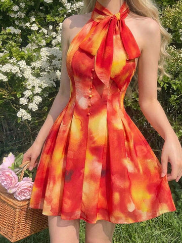 Elevate your summer wardrobe with this stunning tie-dye cinched waist dress, designed for unforgettable beach getaways and vibrant vacation moments. The halter neckline and backless design create a chic, bohemian silhouette, while the high-waisted A-line cut flatters every figure. Crafted from lightweight chiffon with a knot detail and flared hem, this sleeveless beauty offers effortless style and comfort. The lined construction ensures confidence, and the tie-dye pattern adds a playful