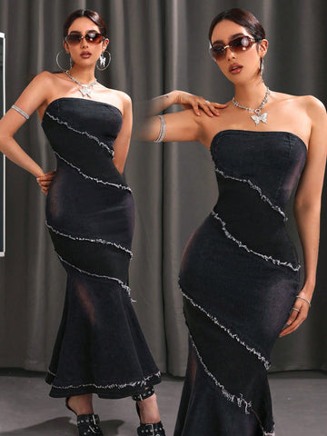 Introducing our Chic & Trendy off-shoulder dress! Made from high-quality denim, this dress is both stylish and comfortable. The frayed detailing and fishtail hem add a touch of edginess to the classy off-shoulder design. Perfect for any occasion, this dress will make heads turn and leave you feeling confident and chic. Upgrade your wardrobe with this must-have piece now!