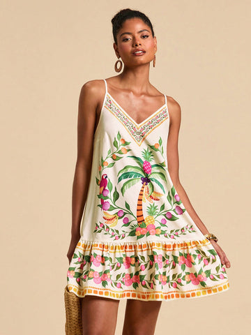 Embrace sunny vibes with this chic tropical print slip dress, designed to keep you cool and stylish all summer long. Its lightweight fabric and flattering cut make it ideal for beach days or dancing at festivals. Effortlessly playful and breezy, this dress is your go-to for warm-weather fun.